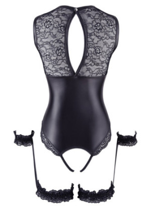 Body en dentelle et simili cuir ouvert avec menottes -  OR2642239BLK